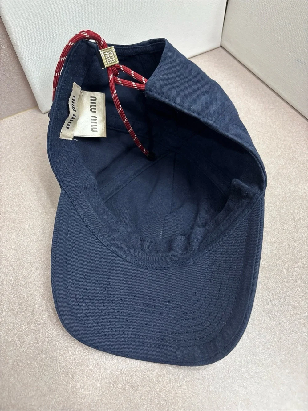 Miu Miu Embroidered Logo Drawstring Baseball Cap Hat Blue Soft Rim Adjustable